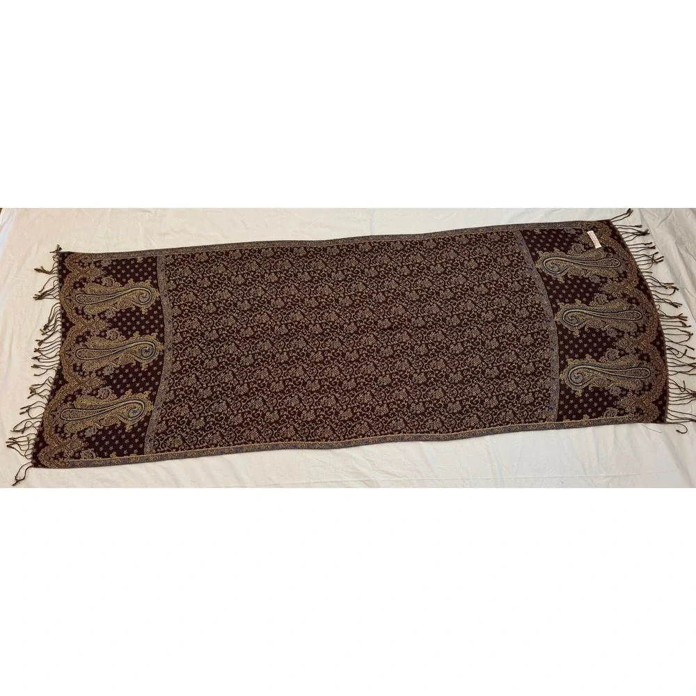 Pashmina Silk Blend Paisley Scarf Shawl Reversible Brown Gold Fringe Wrap